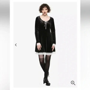 Hot Topic Black Whimsigoth Long-Sleeved Lace Trim & Velvet Lace-Up Dress
